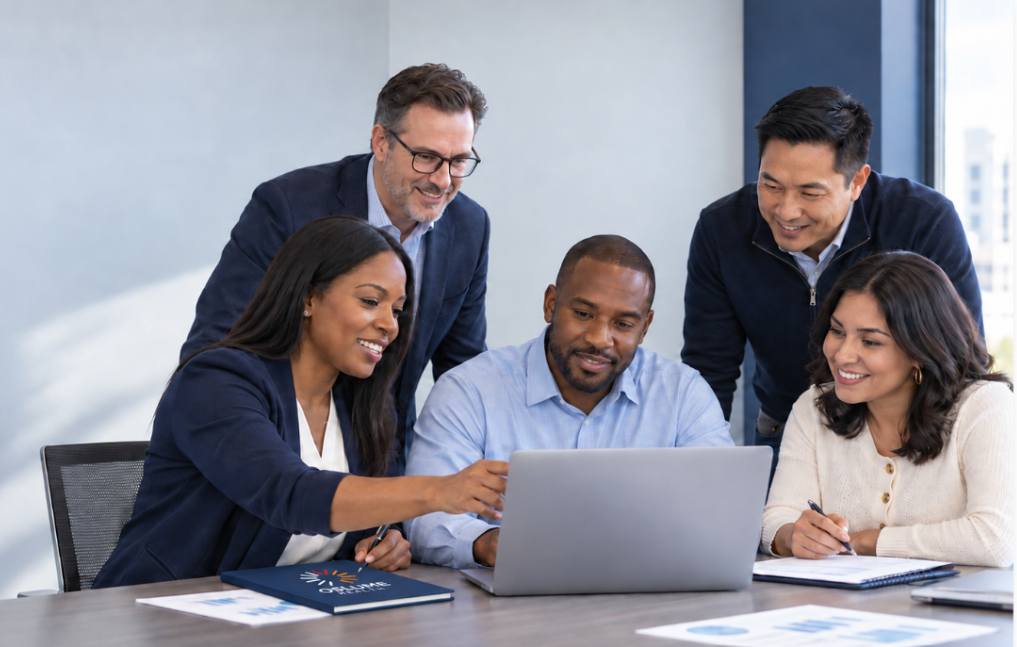Diverse Oslume Health professionals collaborating around a laptop in a modern office