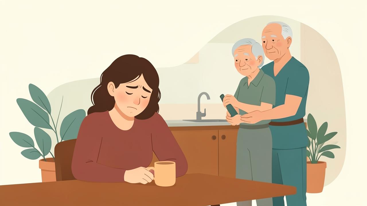 Illustration of a family caregiver resting while a professional aide supports her elderly father