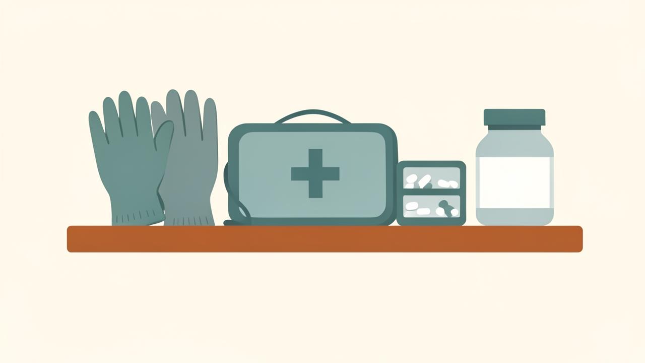 Illustration of home caregiving supplies arranged on a shelf