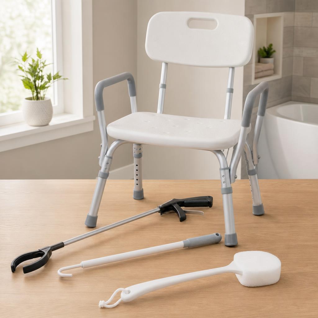 Daily living aids including a shower chair, reacher, and dressing tools