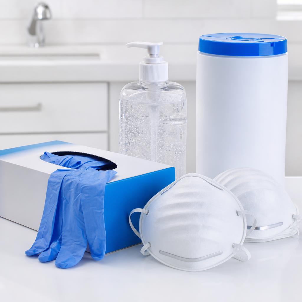 Infection prevention supplies including gloves, masks, and sanitizer