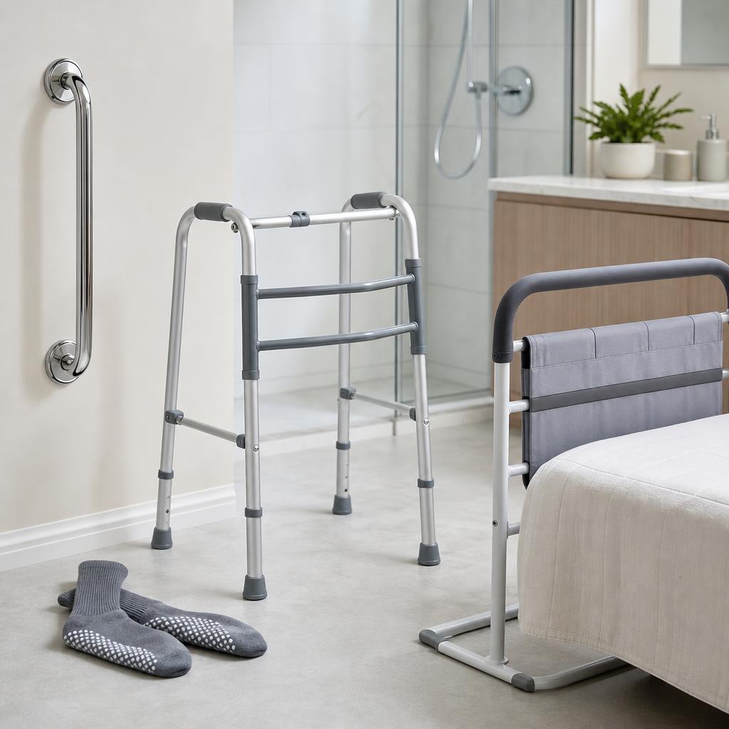 Recovery and safety equipment including a walker and bed rail