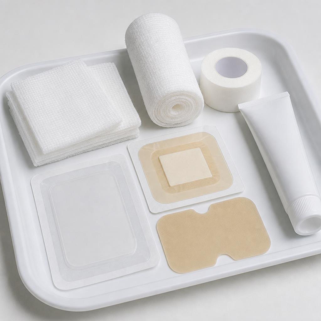 Wound and skin care supplies on a clinical tray