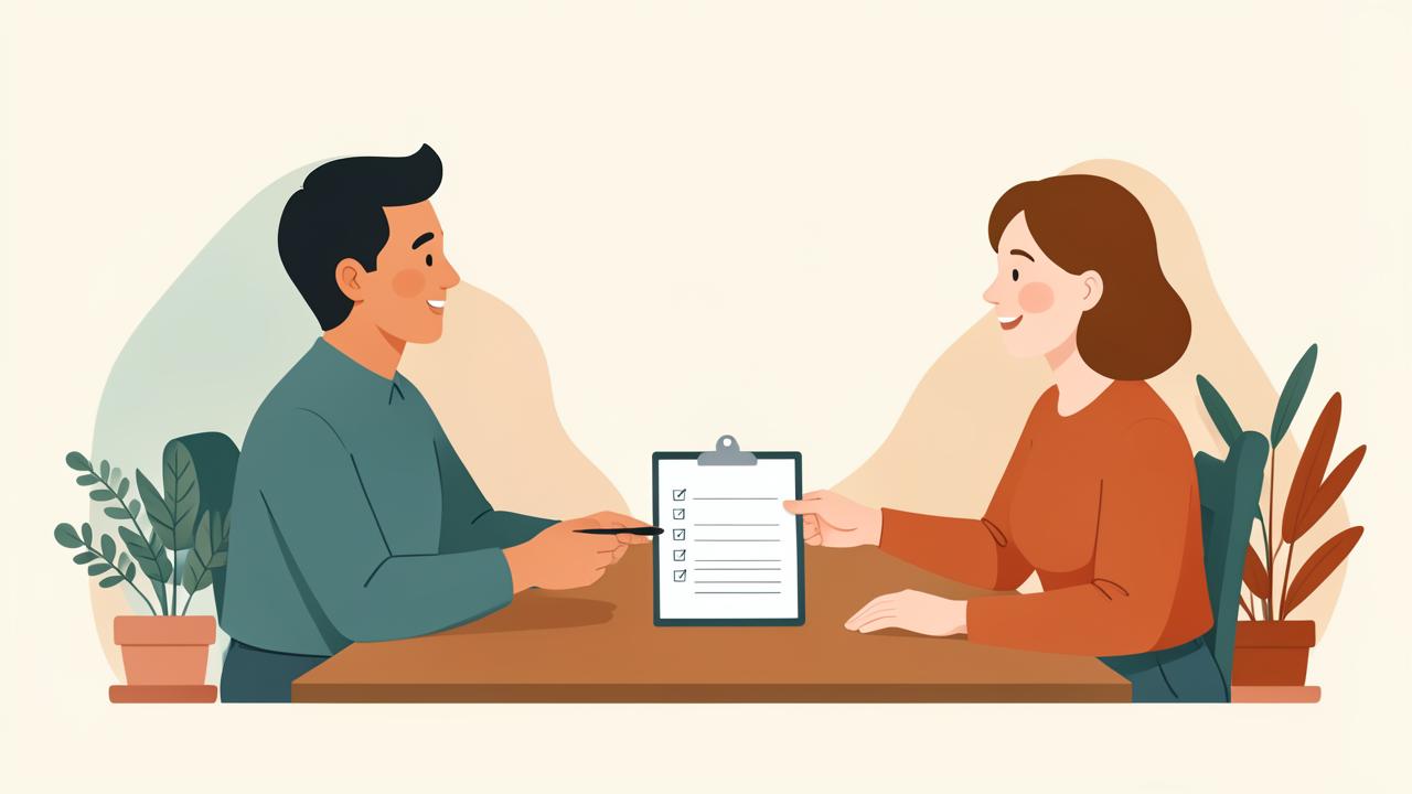 Illustration of a family interviewing a home care agency representative with a checklist