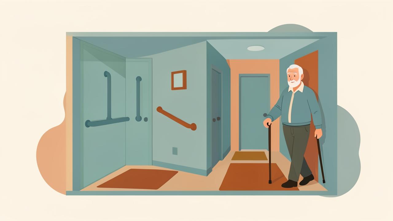 Illustration of a safer home interior with grab bars and an elderly man walking steadily