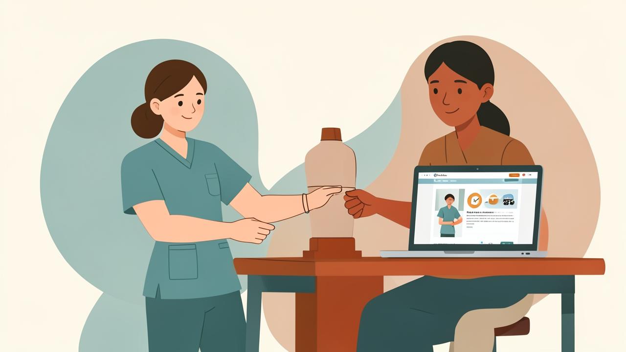 Illustration of a home health aide student practicing skills with an instructor and online coursework