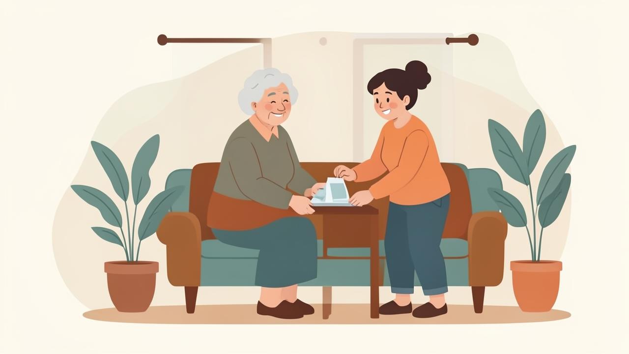 Illustration of a caregiver helping an elderly woman with her daily routine at home