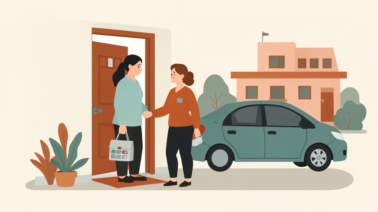 Illustration of a caregiver welcoming a patient home after a hospital stay