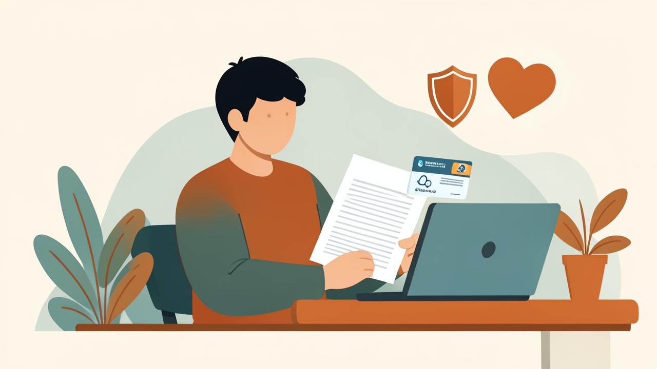 Illustration of a person reviewing insurance documents and benefits at a desk
