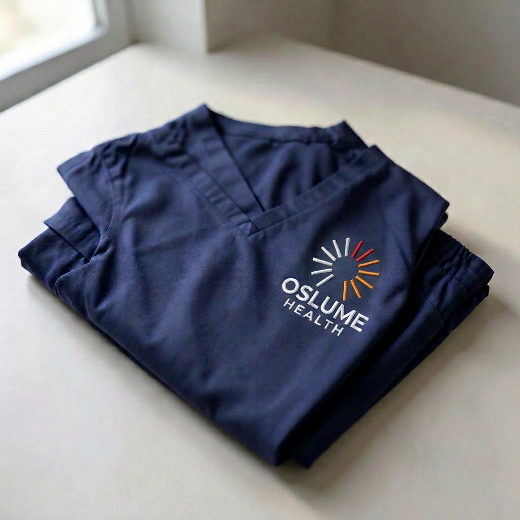 Folded navy Oslume Health scrub set with embroidered logo