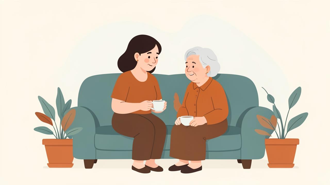 Illustration of an adult daughter and her elderly mother talking over tea