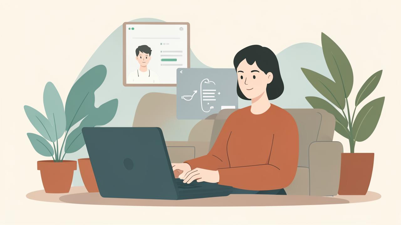 Illustration of a person having a video psychiatry appointment on a laptop at home